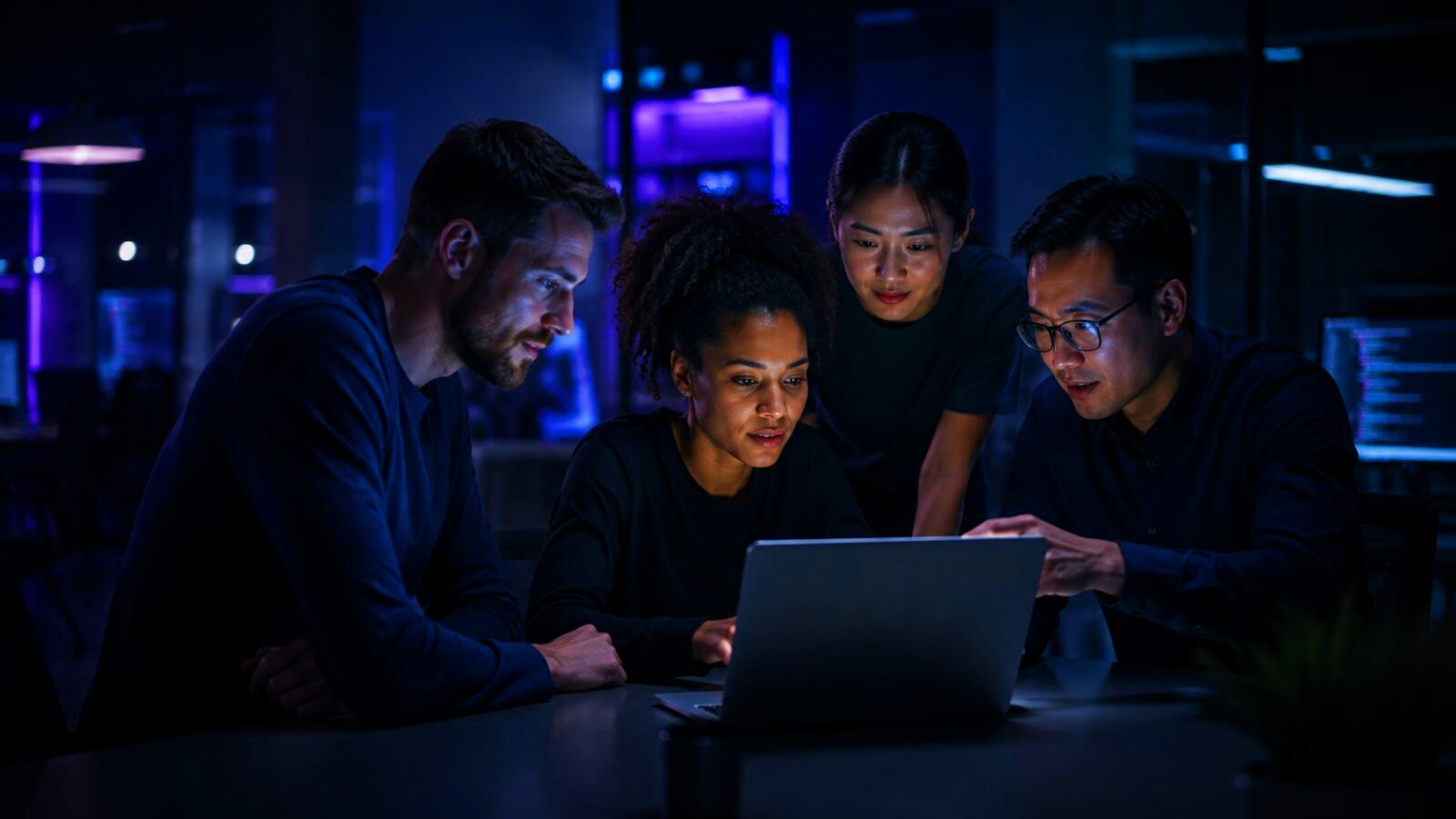 Four colleagues collaborating around a laptop in a modern dark office