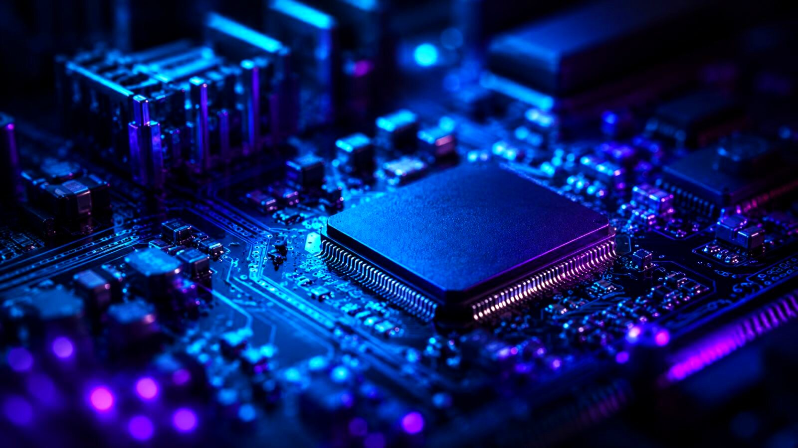 Macro photograph of a circuit board with blue and violet lighting