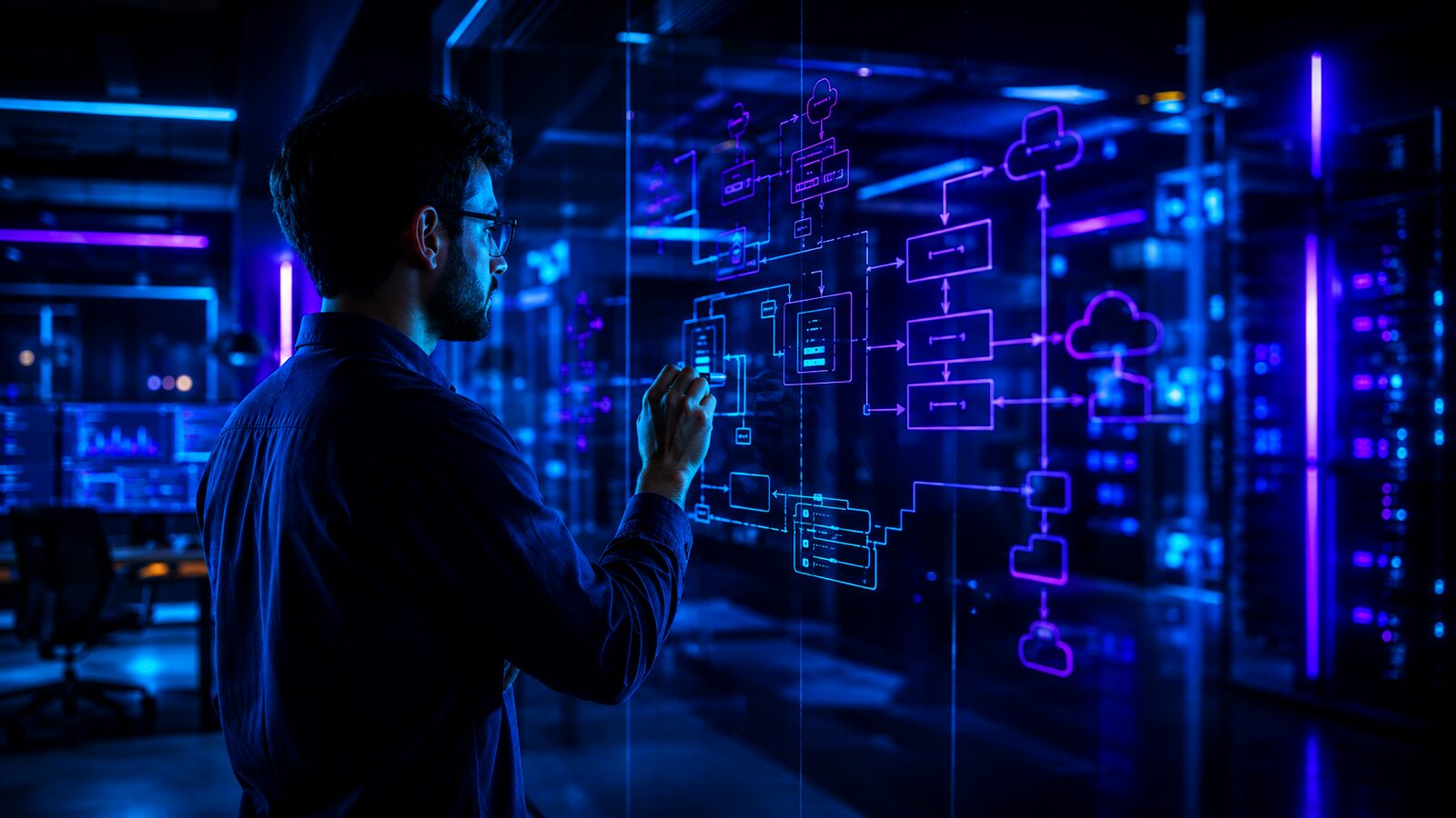 Engineer reviewing a system architecture diagram on a glass display in a server room