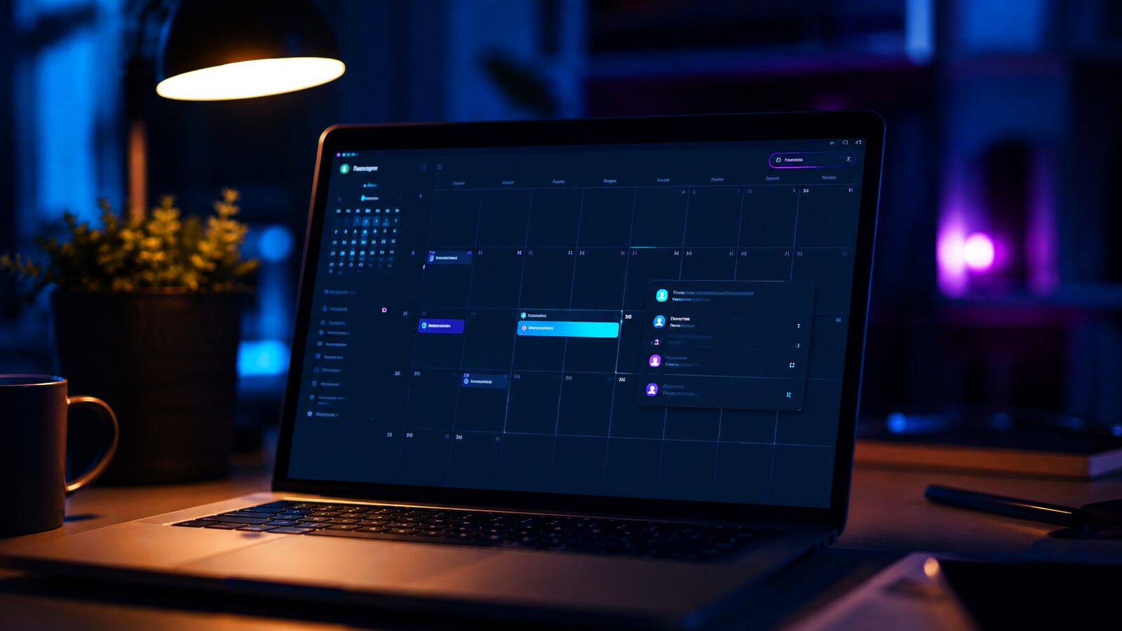 Laptop screen showing a calendar with an upcoming call scheduled, warm desk lamp light