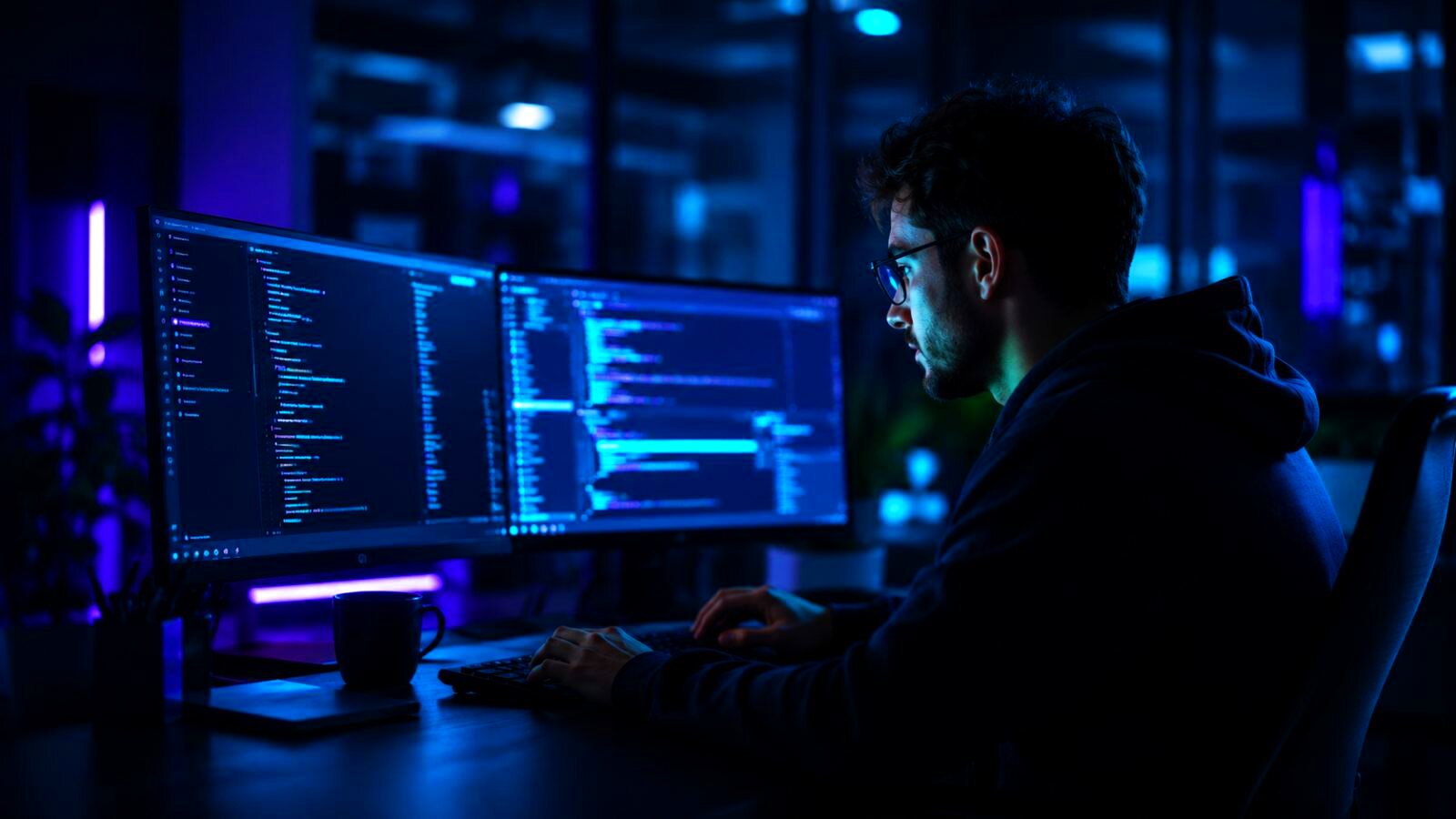 Software developer working late at a dual-monitor desk, screen glow lighting their hands