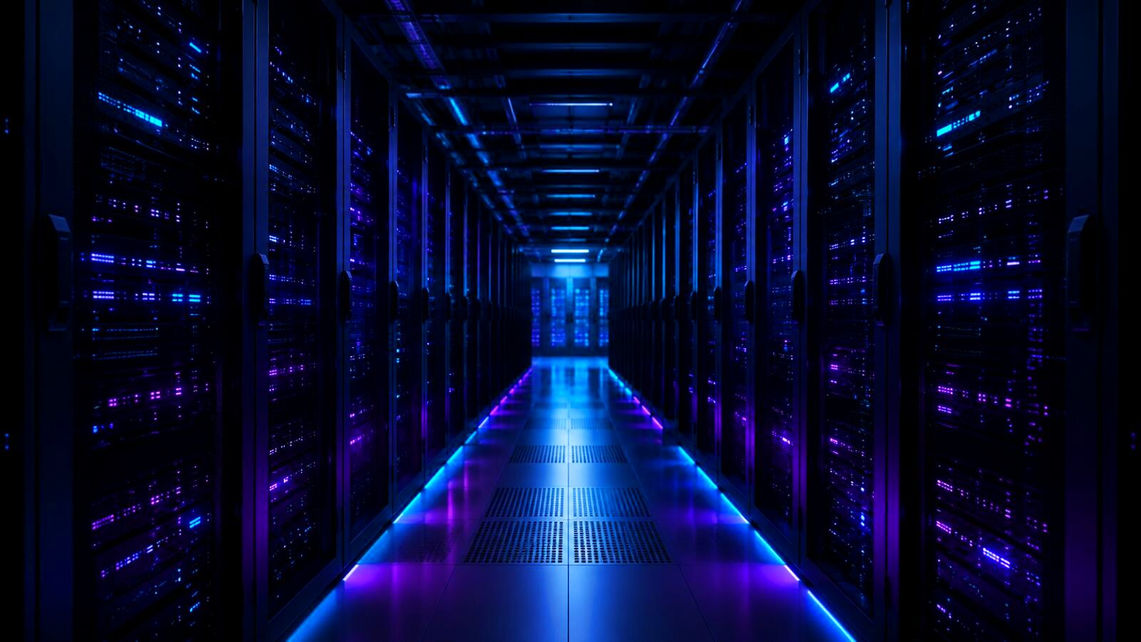 Modern data center corridor with server racks and blue and purple LED lighting