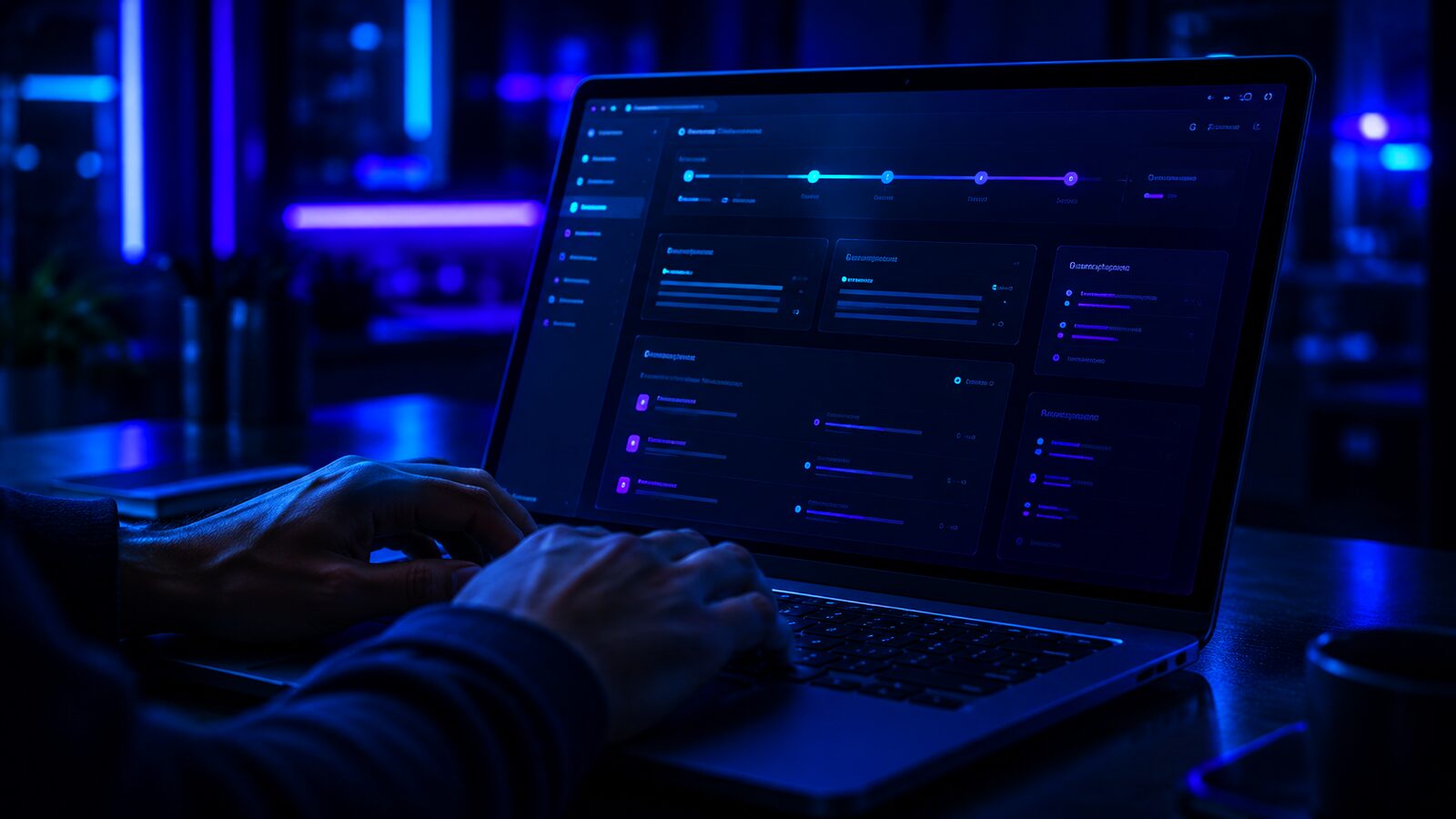 Close-up of hands typing on a laptop showing a project dashboard with a status timeline