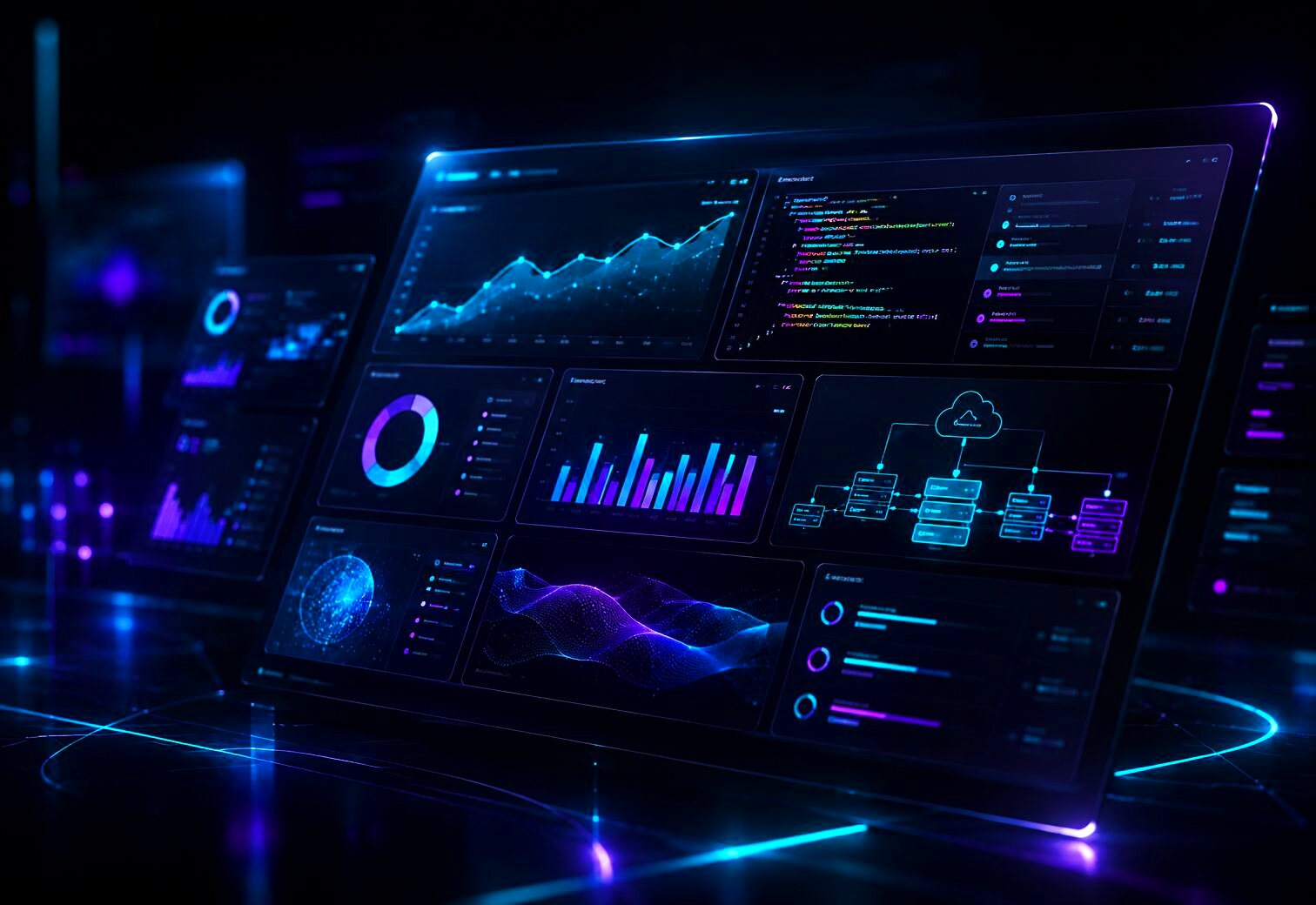 Dark-mode software dashboard interface with charts and infrastructure diagrams