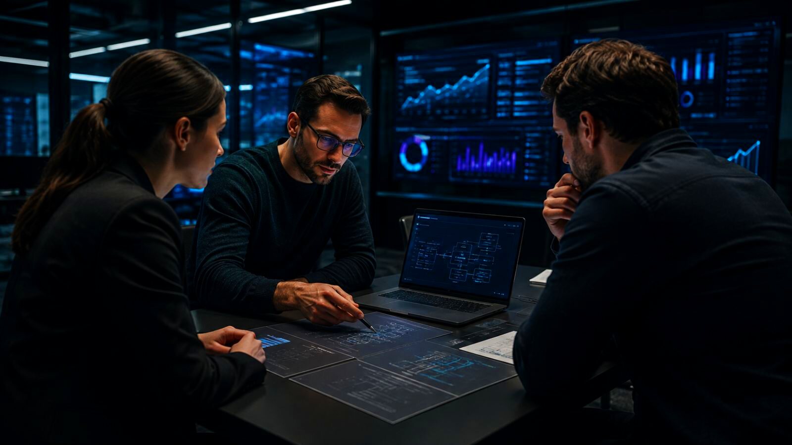 Three professionals in a dark meeting room reviewing diagrams on a laptop