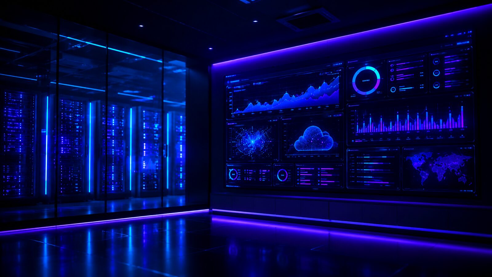 Server room with a large wall-mounted infrastructure monitoring dashboard showing live metrics